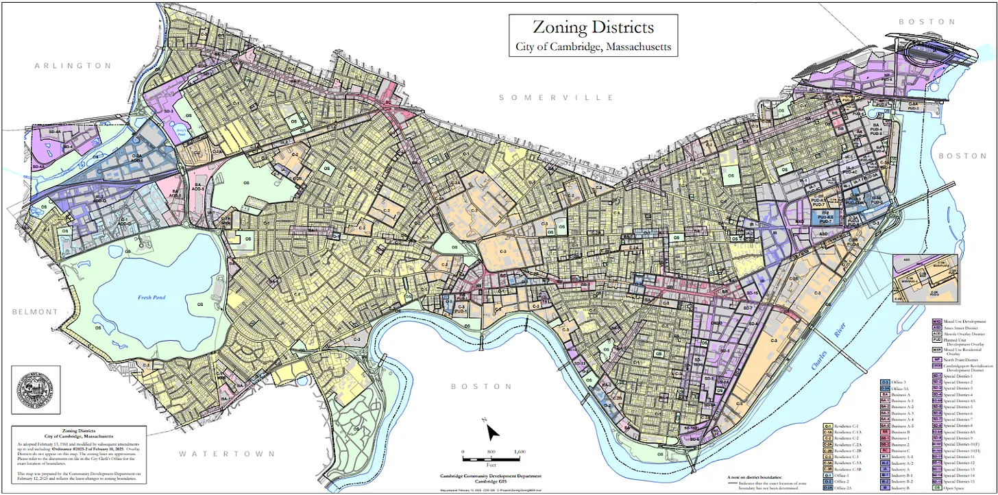 Cambridge, MA Zoning Map (2025) - All yellow areas allow multifamily development.